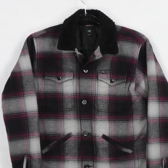 Obey Jacket Mens Small Black Gray Red Plaid Sherpa Collar Flannel Lined Workwear - Picture 4 of 12